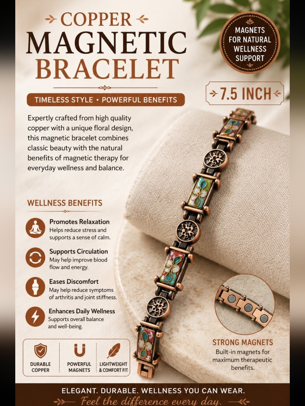 Copper Magnetic Bracelet with Green Floral Inlay - 7.5"